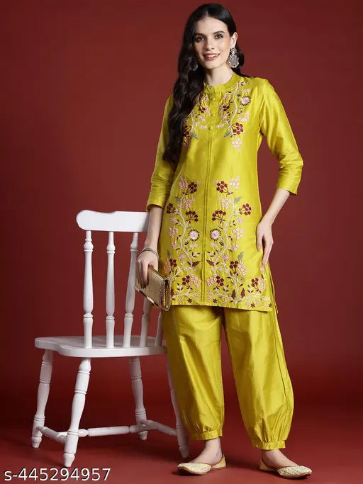 Lemon Yellow Cotton Blend Multi Embroidered Tunic With Trouser Co-ord Set