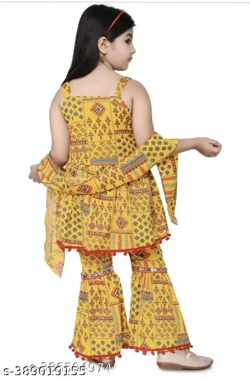 Stylish Cotton Blend Party/Festive Wear Kurta ,Pajama And Dupatta Sets for Kids Girls (Yellow)