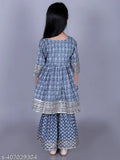 FabJunior Girls Grey Cotton Hand Block print Anarkali/Flared Kurta & Sharara Set