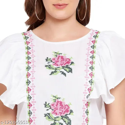 Rain Tree Womens Rayon Embroidered White Top