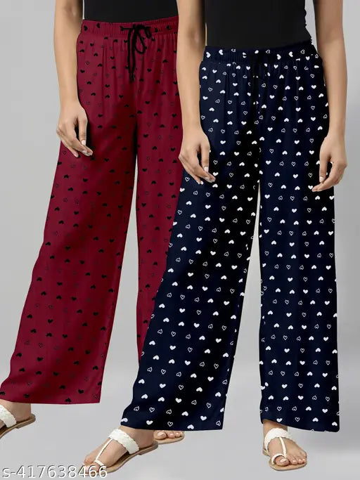 Women Maroon/NavyBlue Pack Of 2 Printed Pure Cotton Pyjamas.Combo Pack Of 2