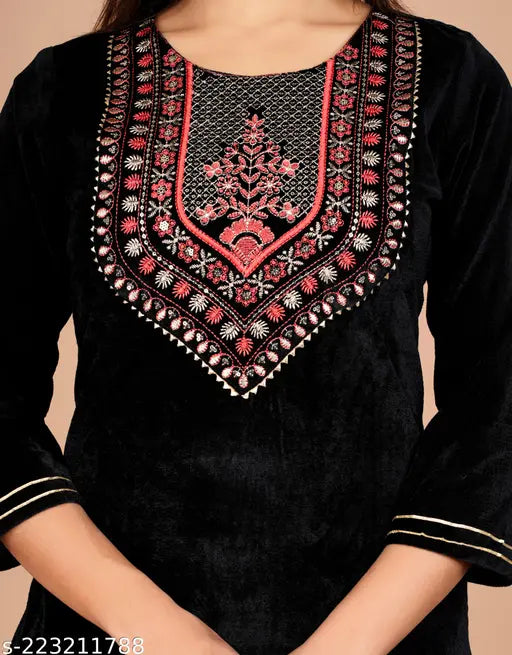 Women Winter Wear Black Ethnic Embroidered Yoke Design Velvet Kurta