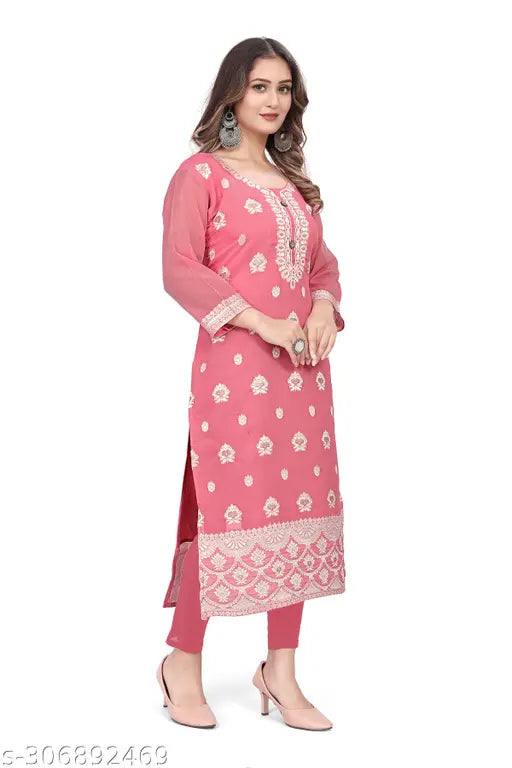 Women's A-Line Straight Cotton Kurti (Pink)