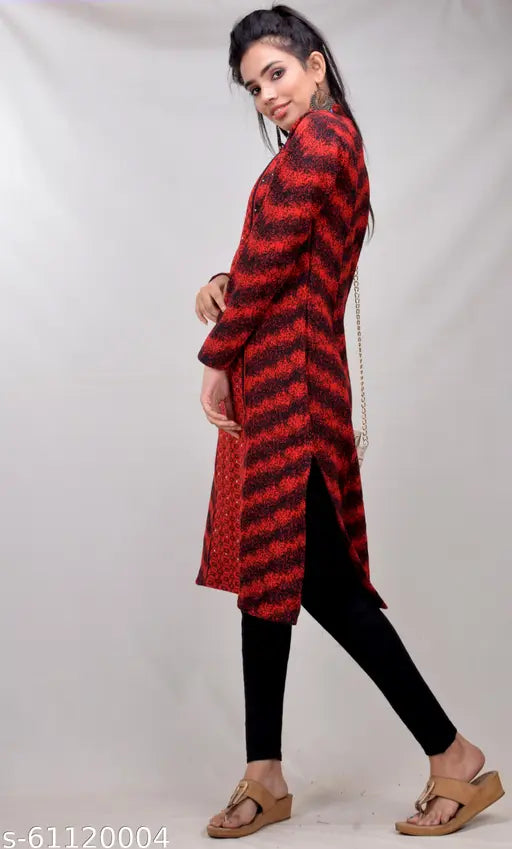 Women's Straight Printed Red Woollen Kurti