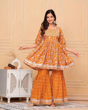 Women's Rayon Orange Embroidered Anarkali Kurti with Sharara and Dupatta Set || 3 Piece Sharara Set || Trending Suit set