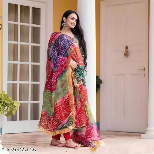 Women's Vibrant Multicolor Delta Gown with Matching Fringe Dupatta