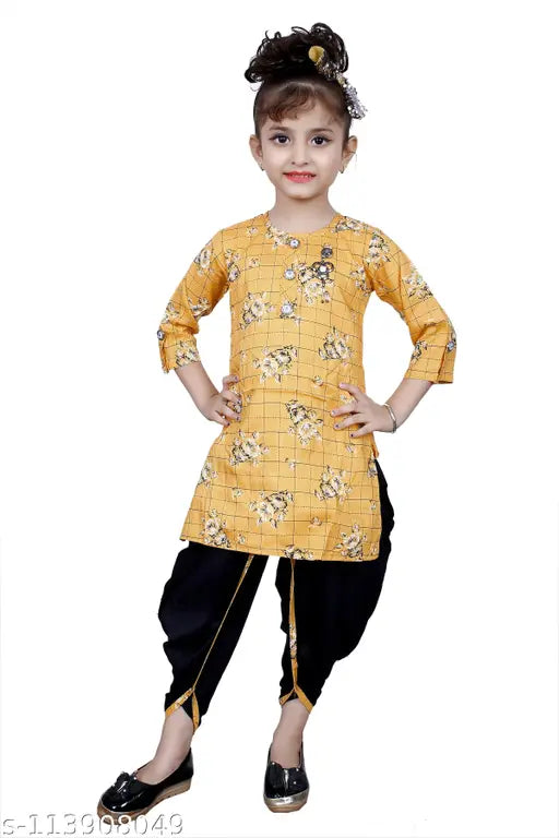 RK Collection Kids Party/Festive Mustard (Yellow) Designer Checked Patiala Suit For Girls