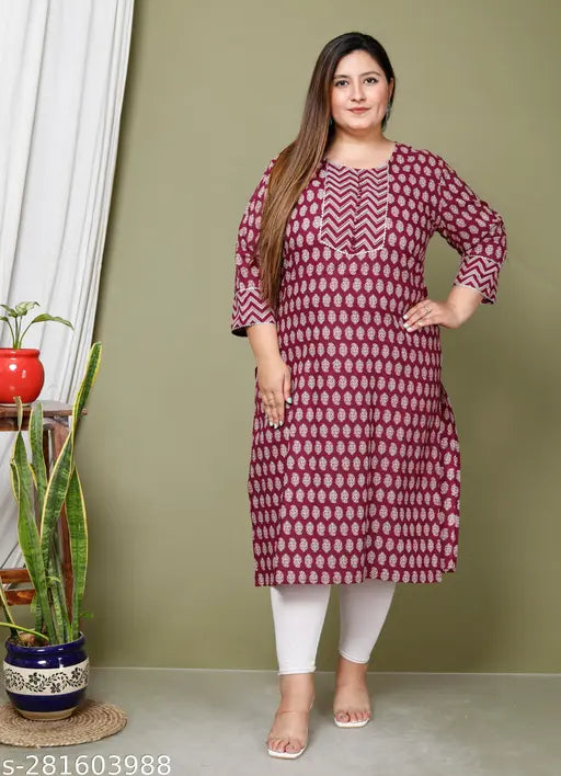 Avnii Women Floral Print Plus Pure Cotton Straight Kurta (Maroon)