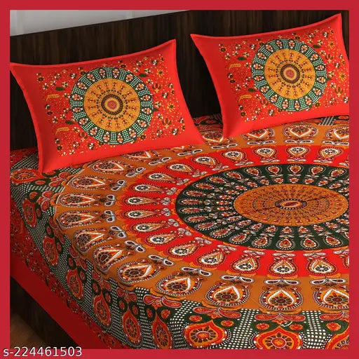 Jaipur 144TC 100% Cotton Rajasthani Jaipuri Printed Double Bedsheet with 2 Pillow cover