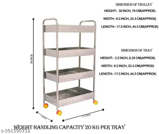 Stainless Steel Perforated Folding 4-Tier Fruits & Vegetable Onion Trolley Kitchen Trolley Portable Modern Storage Rack Design Fruits & Vegetable Onion Cutlery Spice Pickles Jars Container Basket Organizer Holder Stand for Kitchen