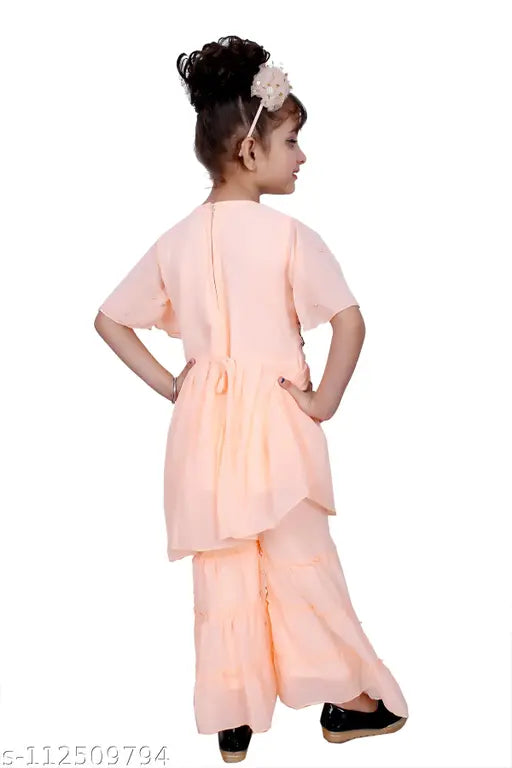 Hariyal Creation Kids Party/Festive Orange Designer Embroidery Kurta and Sharara Suit For Girls