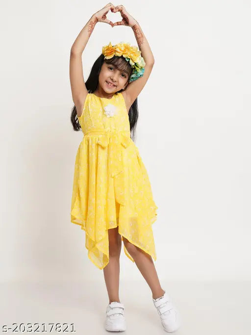 Girls Festive/Wedding Dress (Yellow, Sleeveless)