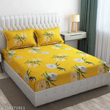 """Cotton Elastic Fitted Double"""Bedsheet"""King Size With Two Pillow Covers All Round Elasticated Bedsheets For Double Bed Size 72x78x8 Color Yellow"""