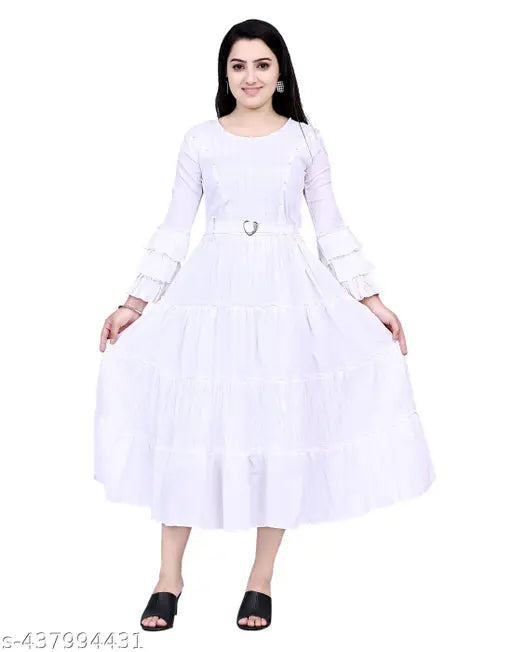 New Arrival Fancy White Calf Length Party Dress For Girls ( Pack of 1 )