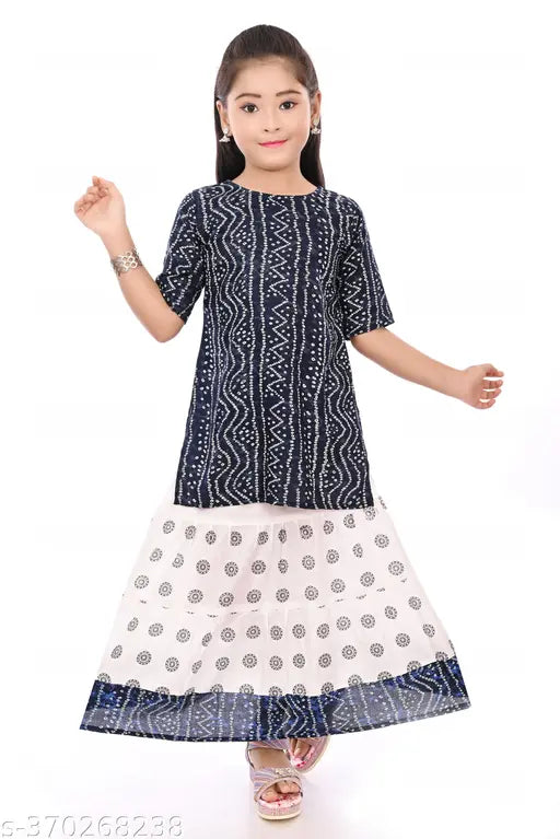 Kids Girls Jaipuri Printed Kurti Skirts Sets Navy Blue