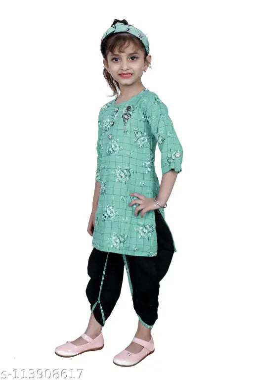 RK Collection Kids Party/Festive Rama Green Designer Checked Patiala Suit For Girls