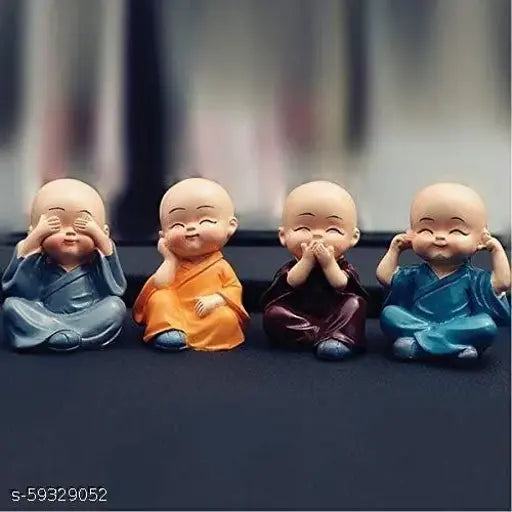 Generic Small Monk Laughing Buddha Set of 4, Polyresin, Multicolored, Suitable for Home Decor, Gifting, Car Dashboard