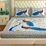 Peacock Print 140 TC Cotton Double Bed Sheet With 2 Pillow Covers