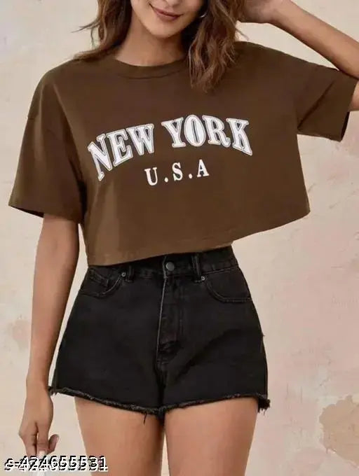 Womens Half Sleeve Cropped T-Shirts New York graphic Tees Summer Round Neck Crop Printed Top