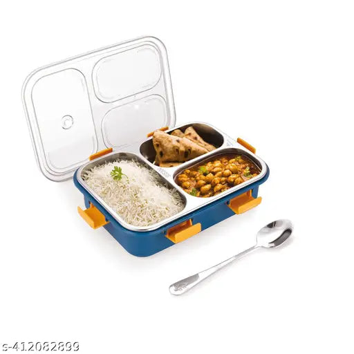 3 Compartment Stainless Steel Lunch Box with Steel Cutlery Inside(Spoon), Heating & Water Insulation Design Use for Office, School & Travelling, 750 Ml - Blue