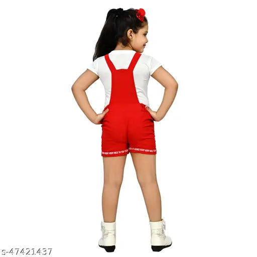 Cute Comfy Kids Trendy Girls Pretty Stylish Latest Fashionable Red Dungaree 1 Half Sleeve White T Shirt & 1 Mickey Mouse Printed Red Dungaree Cotton Blend Frocks & Dresses 1-2 Years, 2-3 Years, 3-4 Years, 4-5 Years & 5-6 Years