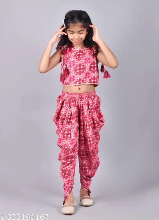 Misbis Girl's Rayon Printed Top and Printed Dothi Pant Set