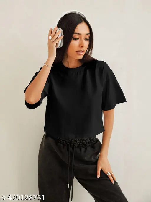 Solid-Half Sleeve Black Color Crop Top T-Shirt Casual Round Neck Drop Down Shoulder Loose Fit Summer Tees for Women's and Girls