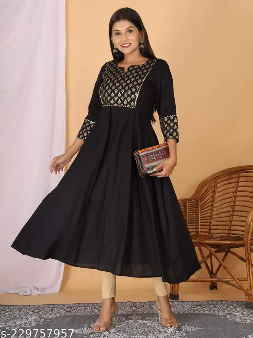 Nayra Cut Kurtis Women Viscose Rayon Ethnic Dress (Black, S-9XL)