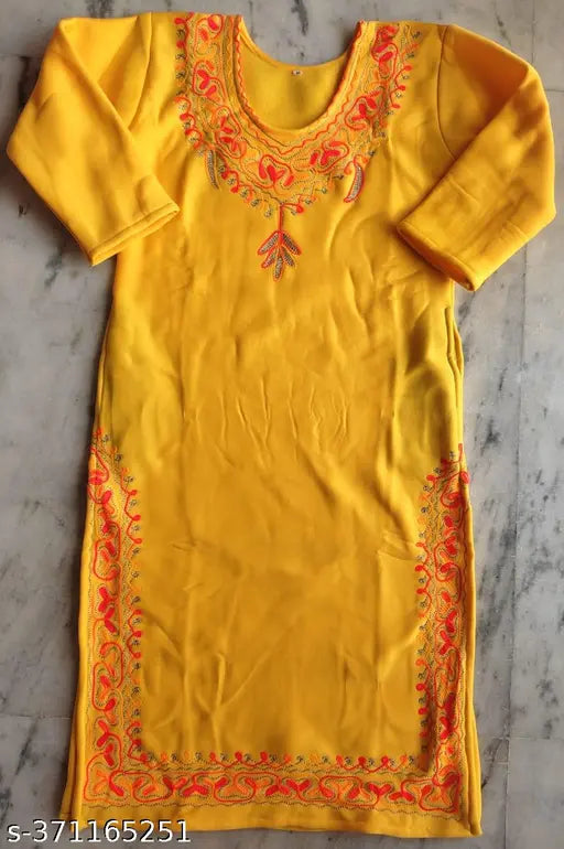 women's woolen kurti in yellow (haldi) colour with jari wool embroidery design on neck ,chaak and border also.