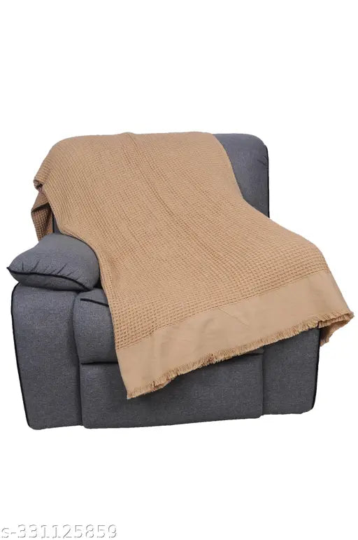 jumbo textiles Washed Waffle Blanket Throw With Fringes (Biege)