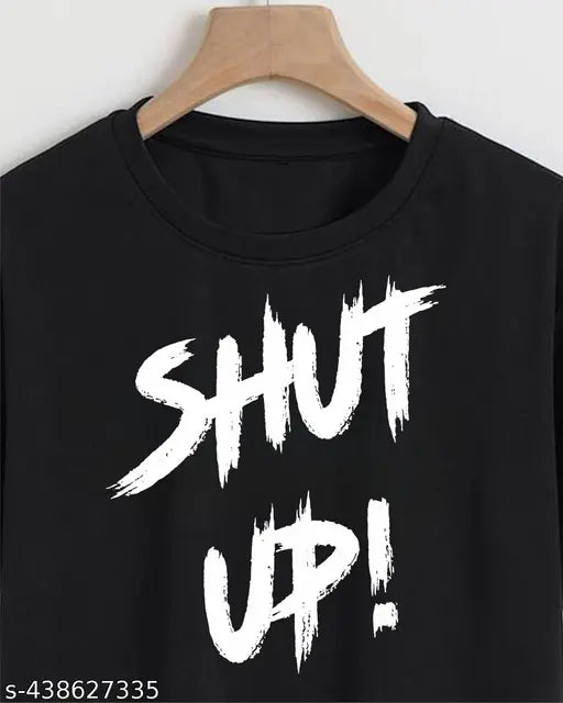 Funky and Stylish Women Printed Crop Top Shut up Design Black