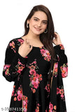 WOMENS PARTYWEAR BLACK GOWN GEORGETTE PRINTED GOWN FOR WOMENS WITH INNER CREPE AND DUPATTA INCLUDED || GOWN + DUPATTA + ADJUSTABLE BELT ||UNIQUIL ENTERPRISE