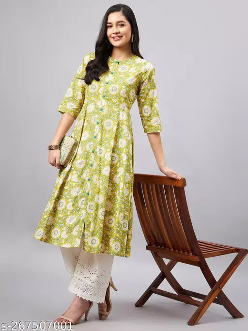 WineRed Women Yellow Floral A - Line Front Slit Kurta