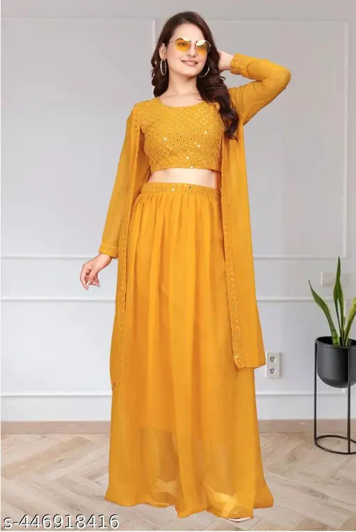 Anas Garmenst#Yellow Shisha Three Set Georgette Lehenga And Choli With Long Shrug Set