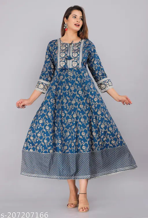 Women/girl's handwork blue printed anarkali for daily wear