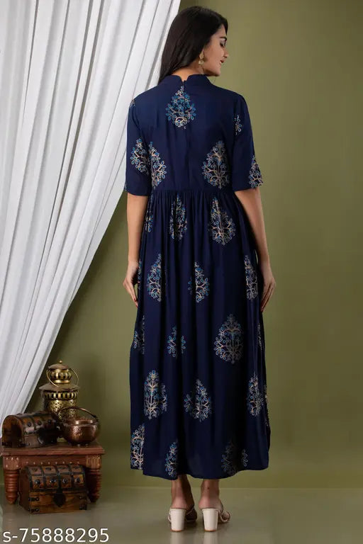 Stylish Women's Blue Printed Back Chain Closure Style Kurta