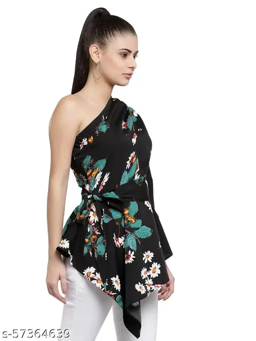 Style Quotient Women Black Floral One Shoulder Crepe Regular Longline Top