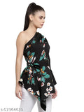 Style Quotient Women Black Floral One Shoulder Crepe Regular Longline Top