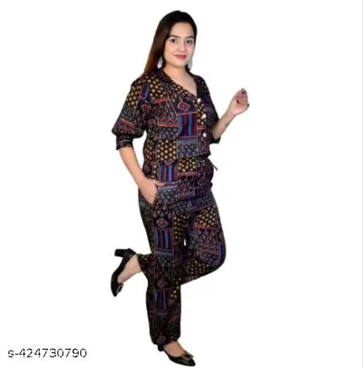 Orbina Fashion Rayon Three-Quarter Sleeves Printed Crop Shirt and Wide-Leg Pants Jumpsuit for Women | Girl