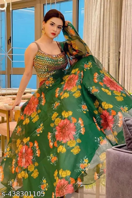 green miror work digital printed lehengha choli