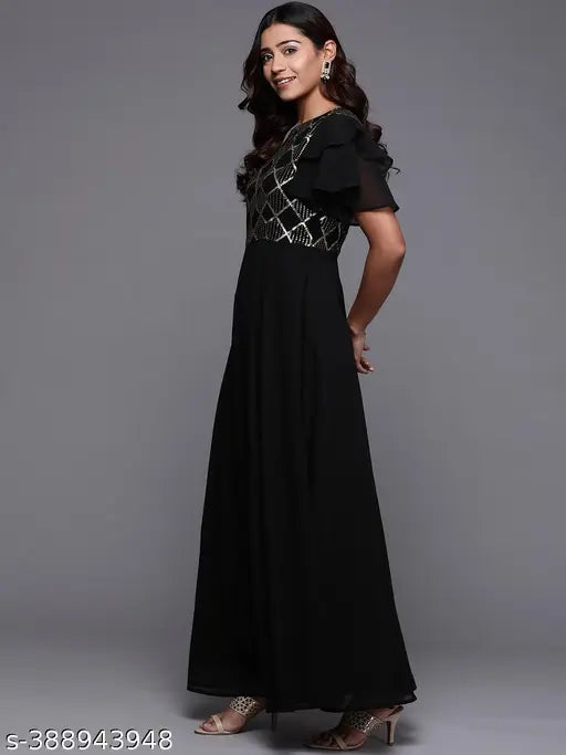 Our black solid tone maxi dress features a round neckline with a stylish keyhole detailing at the back, and statement ruffled sleeves. Adorned with embellished sequins, this charming style is perfect for festive celebrations.