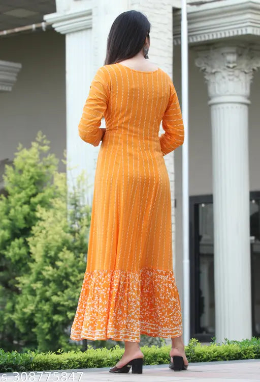 Kushi Design Women's Orange Ethnic Embroidered & Printed Anarkali Kurta