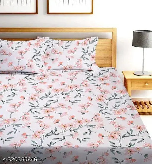 """""Printed 250 TC Premium All Around Elastic Fitted""""Double Bed Bedsheet With 2 Large Pillow Covers"""""(72x78x8 Inches)