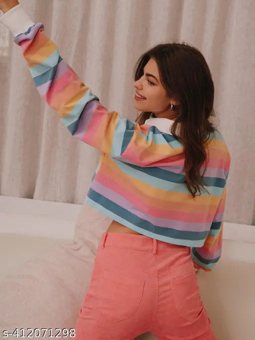 IT'S Sweet tshirt MAGIC RAINBOW STRIPED POLO CROP Top Tshirt Half Button Long Sleeve for Teen Girl and Women Women Regular Sleeves Printed Multicolor crop Top Multicoloured Fitted Crop Top Women's Rainbow Crop Top Multicoloured Tie and Dye Crop Top