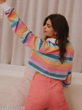 IT'S Sweet tshirt MAGIC RAINBOW STRIPED POLO CROP Top Tshirt Half Button Long Sleeve for Teen Girl and Women Women Regular Sleeves Printed Multicolor crop Top Multicoloured Fitted Crop Top Women's Rainbow Crop Top Multicoloured Tie and Dye Crop Top