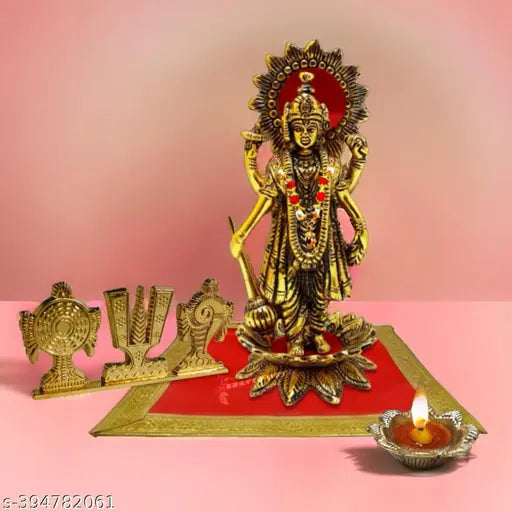 "Bhagwan Vishnu Tirupati at Lotus Flower Idol, Shankh Chakra Tilak Namah, Diya Handicraft Aluminium Metal Tabletop at Red Velvet Carpet Puja Chowki Aasan, Moti Mala For Satya Narayan Vrat Katha, Ekadashi, Car Dash Board, Diwali, Home, Temple, Holi, Kartik