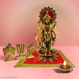 "Bhagwan Vishnu Tirupati at Lotus Flower Idol, Shankh Chakra Tilak Namah, Diya Handicraft Aluminium Metal Tabletop at Red Velvet Carpet Puja Chowki Aasan, Moti Mala For Satya Narayan Vrat Katha, Ekadashi, Car Dash Board, Diwali, Home, Temple, Holi, Kartik