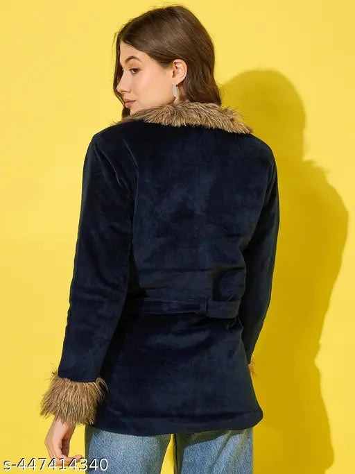 Buynewtrend Navy Velvet Winter Coat Women Jacket With Soft Fur