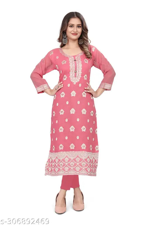 Women's A-Line Straight Cotton Kurti (Pink)