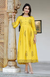 Women Mustard & Black Block Print Detail Anarkali Kurti womens kurti